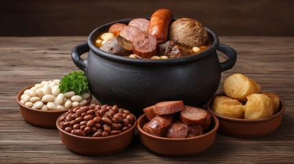 Hearty stew with sausages and beans served in a black pot with wooden background showcasing various bean varieties and savory meat portions