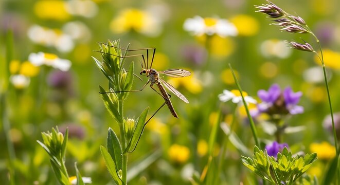 Crane Fly Perched on Green Plant Amidst Wildflowers.
