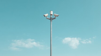 Surveillance Cameras on a Tall Pole Against a Clear Blue Sky with White Clouds in a Peaceful Urban Environment