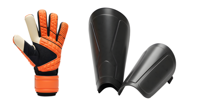 SPORT - Orange and black goalkeeper glove with black shin guards isolated on white background, perfect for soccer training and protection