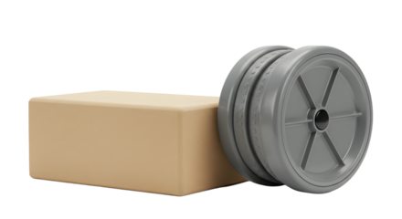 SPORT - Plastic film canister with beige cardboard box on white background, packaging container for photography or storage