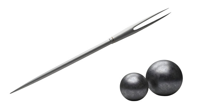 SPORT - Sewing needle and two metal balls isolated on white background, perfect for tailoring and crafting projects