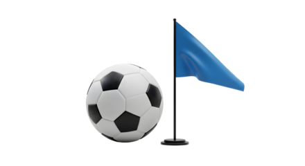 SPORT - Soccer ball next to a blue corner flag isolated on white background, perfect for sports and soccer-related designs