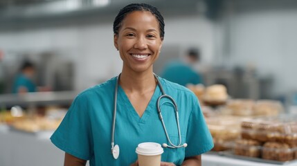 Confident healthcare professional in teal scrubs holding a coffee cup, smiling warmly in a busy kitchen environment filled with baked goods and appliances.