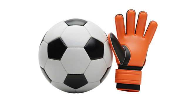 SPORT - Soccer ball with orange goalkeeper glove isolated on white background, perfect for sports and football themes