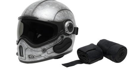 SPORT - Silver motorcycle helmet with visor and protective black wraps isolated on white background, perfect for motorcycle safety and riding