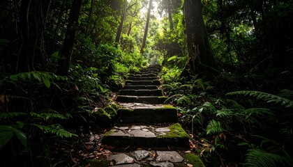 Stone Stairway Leading Up Through Lush Green Forest