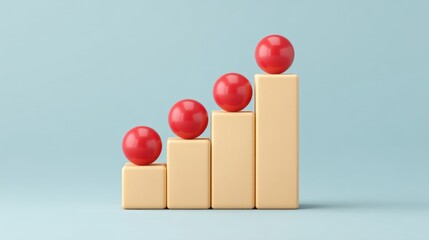 Colorful geometric shapes representing growth with red spheres placed on beige blocks against a light blue background, illustrating progress and success