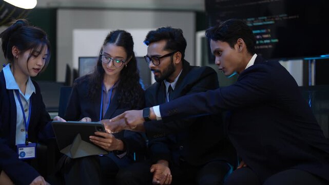A diverse group of young business professionals holds a team huddle in a dark office. They are gathered around a tablet, planning their next move on an important project.