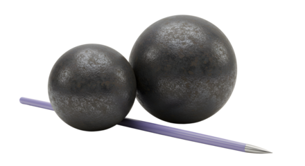 SPORT - Two black metal balls with a purple pencil on a white background, ideal for educational or scientific concepts