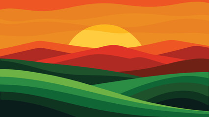 Obraz premium Landscape Illustration Green Hills, Red Mountains, and a Setting Sun Over a Striped Sky