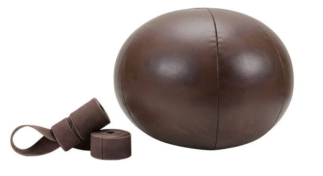 SPORT - Vintage brown leather medicine ball and wrist wraps set, gym equipment for strength training and rehabilitation exercises