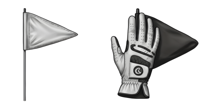 SPORT - White and black golf flags with a glove on one flag, isolated on white background, perfect for golf-related projects
