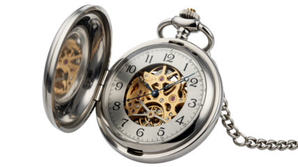 Elegant silver pocket watch with intricate gears, timekeeping precision