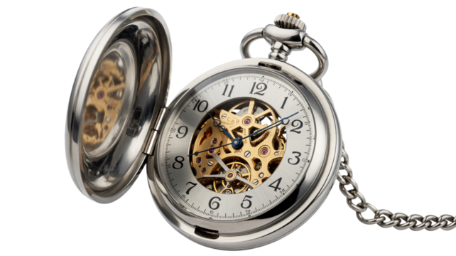 Elegant silver pocket watch with intricate gears, timekeeping precision