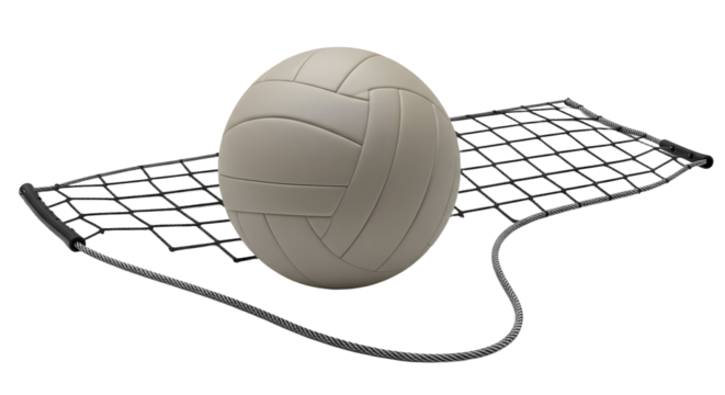 SPORT - White volleyball resting on a black volleyball net isolated on white background, perfect for sports and volleyball-related projects