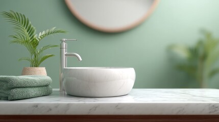 Elegant bathroom design with marble sink, soft towels, indoor plant, and calm green wall, showcasing modern aesthetic and serene atmosphere