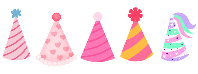 Hand Drawn Birthday Party Hats and Doodle Blowers Set – Kids Vector Design with Colorful Dots and Stripes