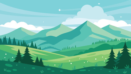 Landscape Illustration with Green Mountains, Trees, Cloudy Sky, and Sparkling Stars Above