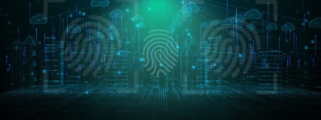 In a futuristic digital landscape, an illuminated fingerprint represents the core of identity and security, highlighting data protection and access in cyberspace.
