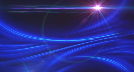 An abstract, energetic, and dynamic scene explodes with an interplay of light, form, and movement. Intricate blue lines dance across a deep, dark space, culminating in a radiant, glowing light source.