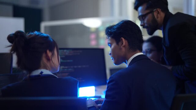 A team leader guides his junior software developers, explaining a complex piece of code. They are collaborating after hours to meet a project deadline in their tech office.