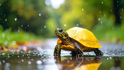 Turtle Walking in Rain on Pavement with Reflections