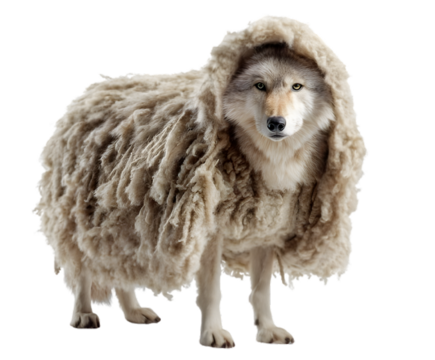 Wolf in Sheep's Clothing: A conceptual, captivating visual narrative where a wolf is cleverly disguised within the woolly exterior of a sheep, highlighting deception.