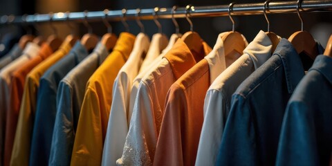 A Row of Softly Lit Garments Hanging on Wooden Hangers in a Clothing Shop