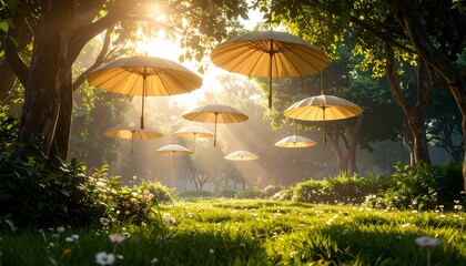 Umbrellas Hanging in a Sunny Green Meadow with Sunlight