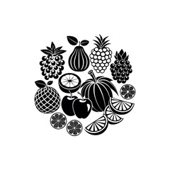 Elegant Black and White Arrangement of Various Fruits and Vegetables Illustration silhouette vector
