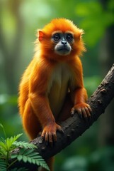 Fototapeta premium A Vibrant Young Golden Lion Tamarin Perched on a Branch, Its Bright Orange Fur Glowing in the Lush Green Canopy