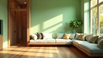 Serene Sunlight Illuminates a Modern Minimalist Living Room Featuring a Low-Slung, Built-in Sofa with Plush Cushions and a Light Green Wall