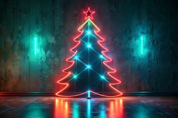 Neon Christmas Tree with Red Outline and Star Against a Dark Wall