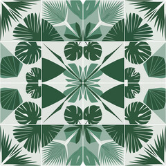 Tropical leaves arrangement in green and gray tiled pattern design, seamless pattern, royalty free stock.