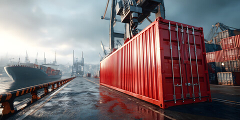 Global Trade Dynamics: A vibrant red shipping container is precisely lifted by a colossal industrial crane, situated in a bustling port with cargo ships and containers.