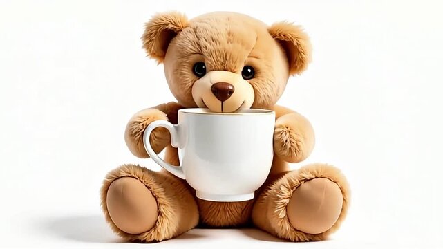 Adorable teddy bear holding a white mug, perfect for cozy moments and comfort