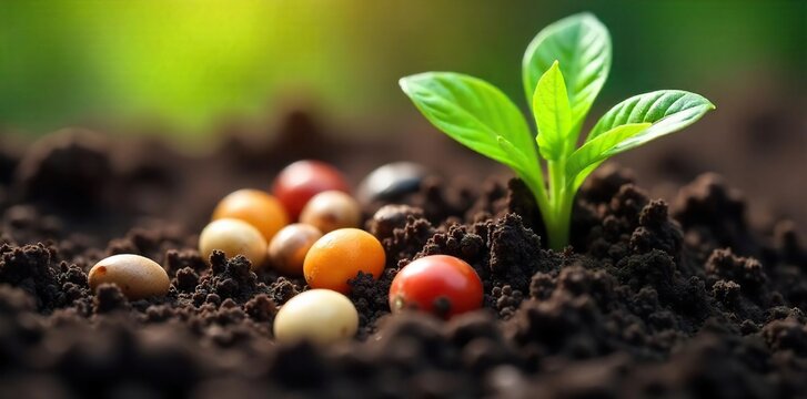 Fototapeta Close-up shot of various seeds nestled in rich, dark soil, ready for planting  A perfect image for gardening, agriculture, and springtime themes ,  vibrant,  life