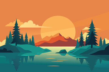 Minimalist Landscape with Mountains, Forest, and Reflections at Sunset Illustration