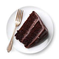 Slice of rich chocolate cake with fork isolated on white background