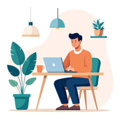 Young man working on a laptop computer at a desk.