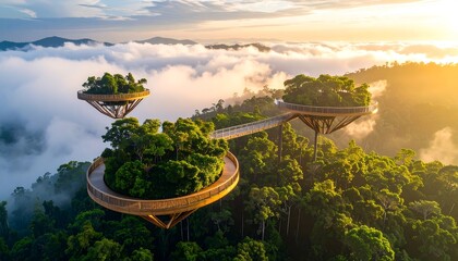 Walking Above the Forest Canopy at Sunrise on Elevated Platforms