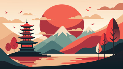 Minimalist Pagoda Illustration with Mountain Backdrop, Red Sun, and Flying Birds