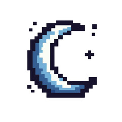 Pixel art crescent moon with stars, a stylized representation of the night sky in a retro digital aesthetic