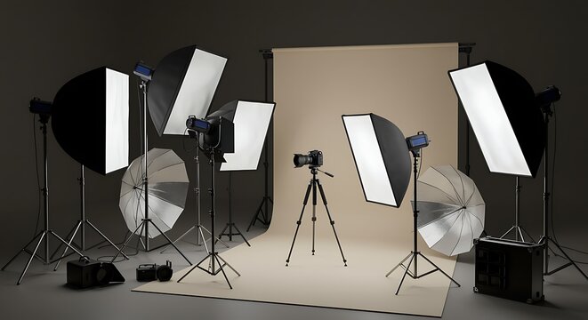 Photography studio setup with professional lighting equipment backdrop camera on tripod for commercial product photography and advertising campaigns showcasing image making tools