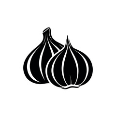 Bold black and white minimalist illustration of two garlic bulbs with cloves silhouette vector