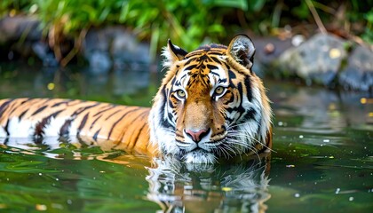 Naklejka premium A magnificent Bengal tiger cools off in a calm, green pond, its powerful gaze fixed forward.