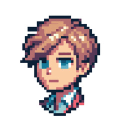 Detailed pixel art icon featuring a male protagonist's face. Retro computer graphic illustration suitable for a fantasy RPG hero or avatar