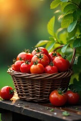 A wicker basket overflowing with freshly harvested, sun-ripened tomatoes sits on a rustic wooden surface, surrounded by additional tomatoes and lush green foliage.