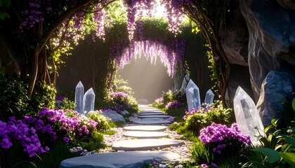 Walking on Stone Path Through Enchanted Floral Garden with Crystals
